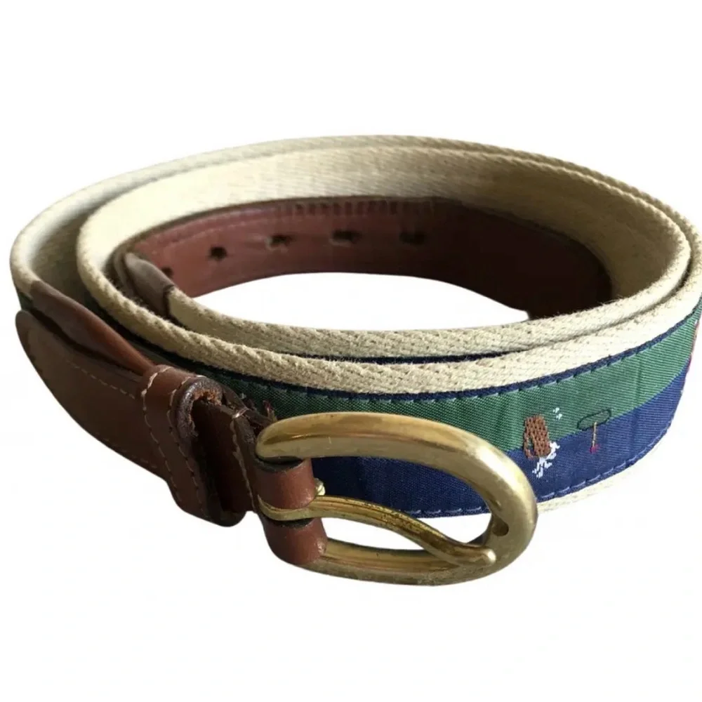 Brooks Brothers Men’s Leather Brown and Green Golf Belt with Gold Buckle (Sz40)